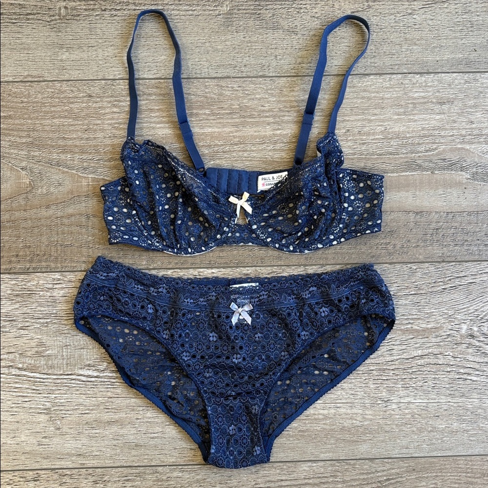 Cosabella x Paul & Joe Dark Blue Lace Lingerie 34C Bra & Large Panties Set